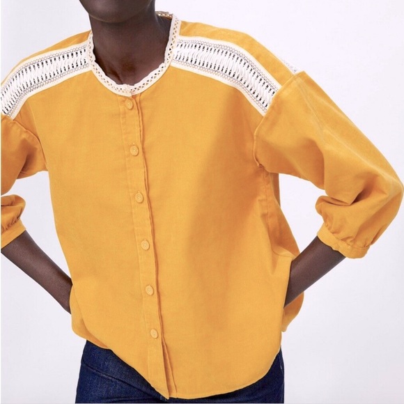 ZARA BASICS Winter Mustard Gold Cotton Corduroy Crochet Button Shirt Blouse Top - Picture 5 of 16